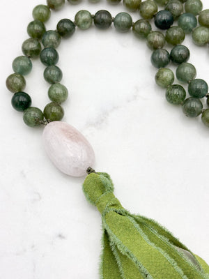 green apatite gemstone mala with pinkk beryl guru bead and green silk tassel | radiant malas | handmade in boulder, colorado