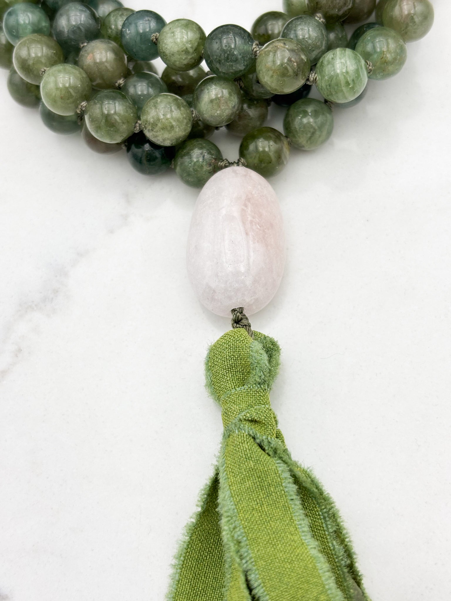 green apatite gemstone mala with pinkk beryl guru bead and green silk tassel | radiant malas | handmade in boulder, colorado