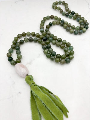 green apatite gemstone mala with pinkk beryl guru bead and green silk tassel | radiant malas | handmade in boulder, colorado