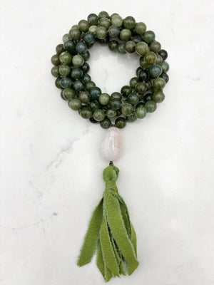 green apatite gemstone mala with pinkk beryl guru bead and green silk tassel | radiant malas | handmade in boulder, colorado