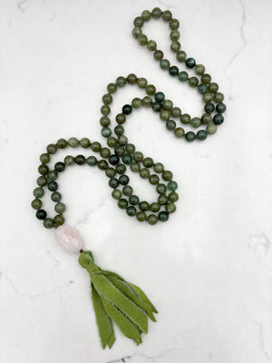 green apatite gemstone mala with pinkk beryl guru bead and green silk tassel | radiant malas | handmade in boulder, colorado