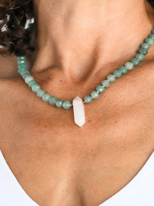 green aventurine knotted gemstone necklace with rose quartz pendant | radiant mlalas | handmade in boulder, colorado