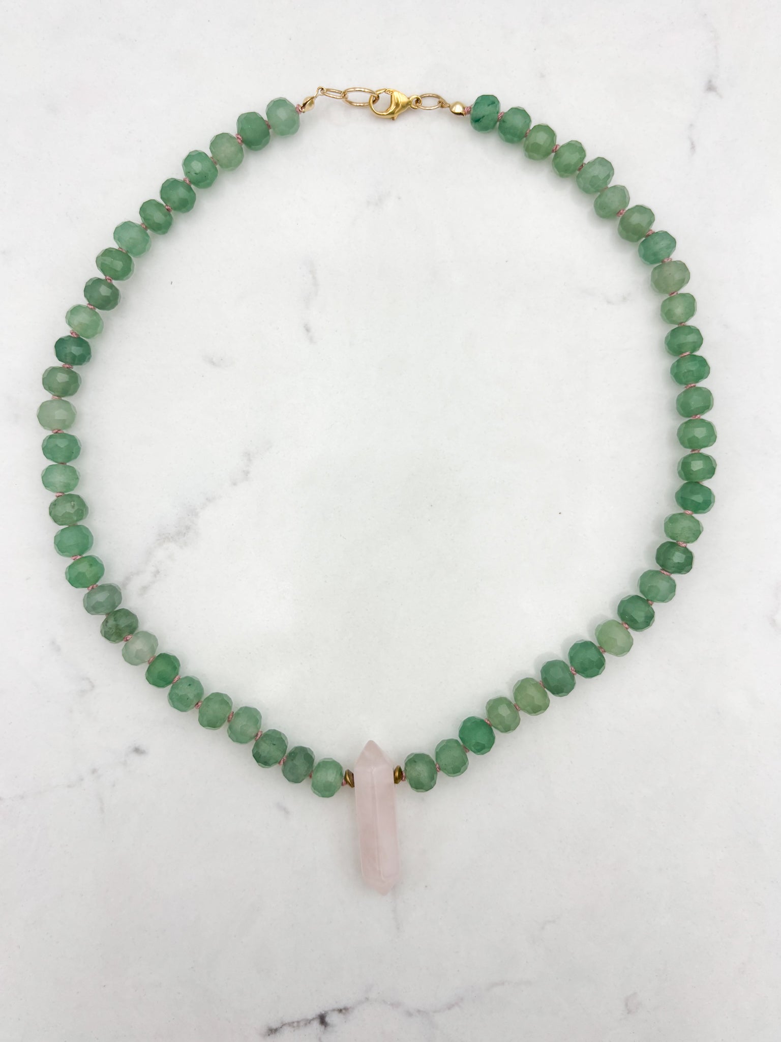 green aventurine knotted gemstone necklace with rose quartz pendant | radiant mlalas | handmade in boulder, colorado