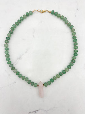 green aventurine knotted gemstone necklace with rose quartz pendant | radiant mlalas | handmade in boulder, colorado