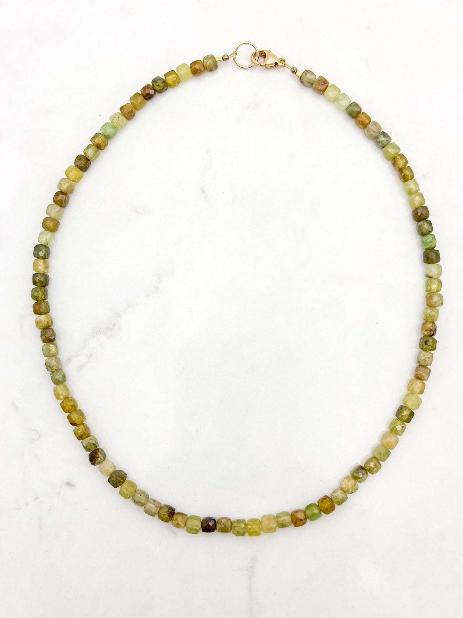 green garnet cubed gemstone necklace | radiant malas | handmade in boulder, colorado