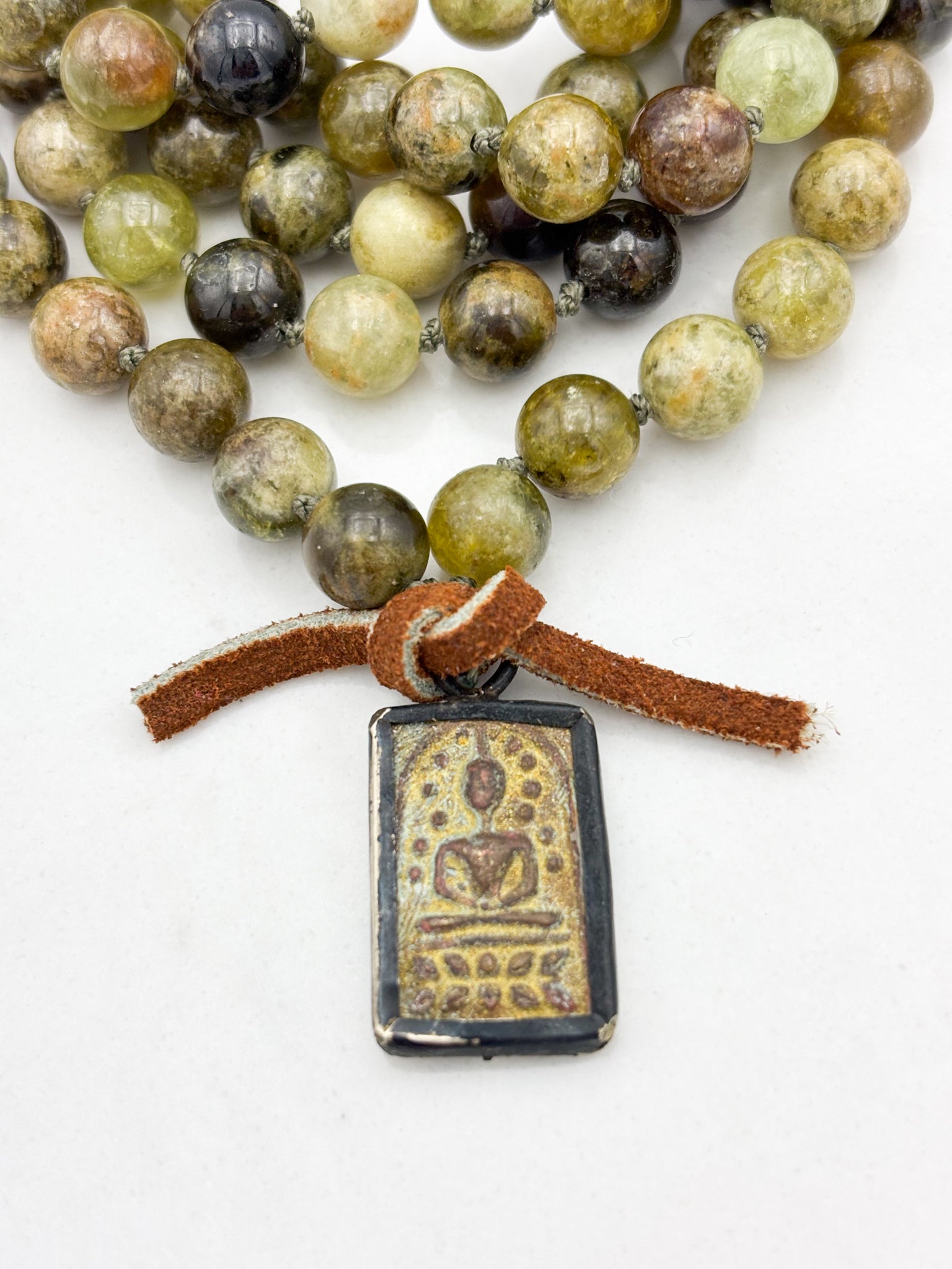 green garnet gemstone mala with vintage brass buddha pendant | radiant malas | handmade in boulder, colorado