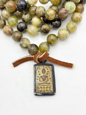 green garnet gemstone mala with vintage brass buddha pendant | radiant malas | handmade in boulder, colorado
