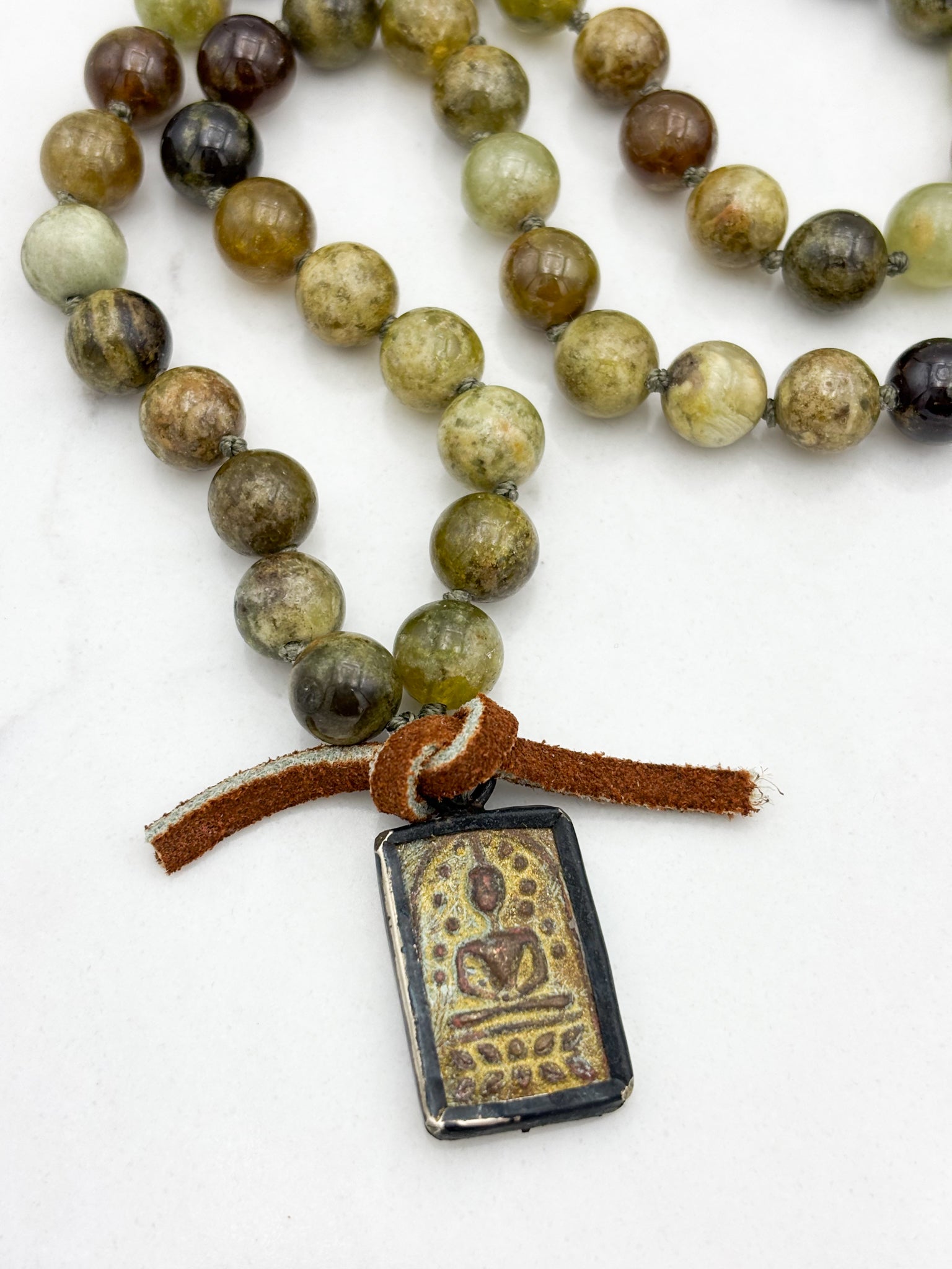 green garnet gemstone mala with vintage brass buddha pendant | radiant malas | handmade in boulder, colorado