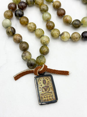green garnet gemstone mala with vintage brass buddha pendant | radiant malas | handmade in boulder, colorado