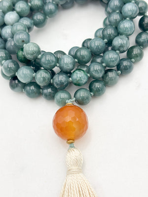 guatemalan jade gemstone mala with carnelian guru bead and cream tassel | radiant malas | handmade in boulder, colorado