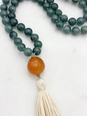 guatemalan jade gemstone mala with carnelian guru bead and cream tassel | radiant malas | handmade in boulder, colorado