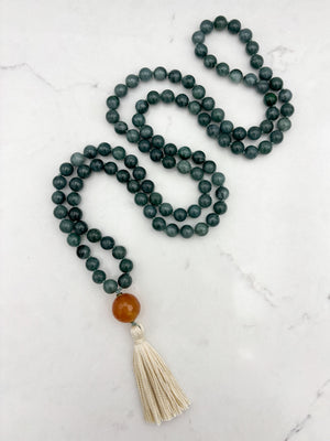 guatemalan jade gemstone mala with carnelian guru bead and cream tassel | radiant malas | handmade in boulder, colorado