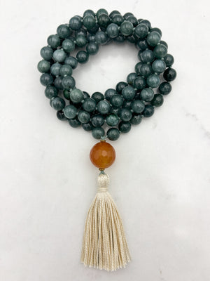 guatemalan jade gemstone mala with carnelian guru bead and cream tassel | radiant malas | handmade in boulder, colorado