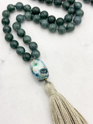 Guatemalan Jade gemstone mala with ceramic guru bead and beige tassel | radiant malas | handmade in boulder, colorado