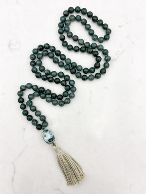 Guatemalan Jade gemstone mala with ceramic guru bead and beige tassel | radiant malas | handmade in boulder, colorado