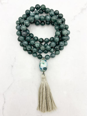 Guatemalan Jade gemstone mala with ceramic guru bead and beige tassel | radiant malas | handmade in boulder, colorado