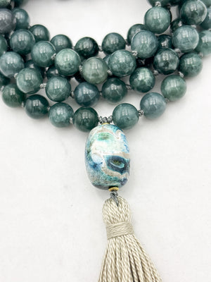 Guatemalan Jade gemstone mala with ceramic guru bead and beige tassel | radiant malas | handmade in boulder, colorado