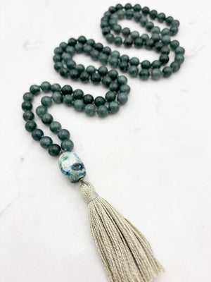 Guatemalan Jade gemstone mala with ceramic guru bead and beige tassel | radiant malas | handmade in boulder, colorado