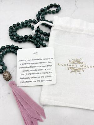 Guatemalan Jade gemstone mala with vintage silver guru bead and pink silk ribbon tassel | radiant malas | handmade in boulder, colorado