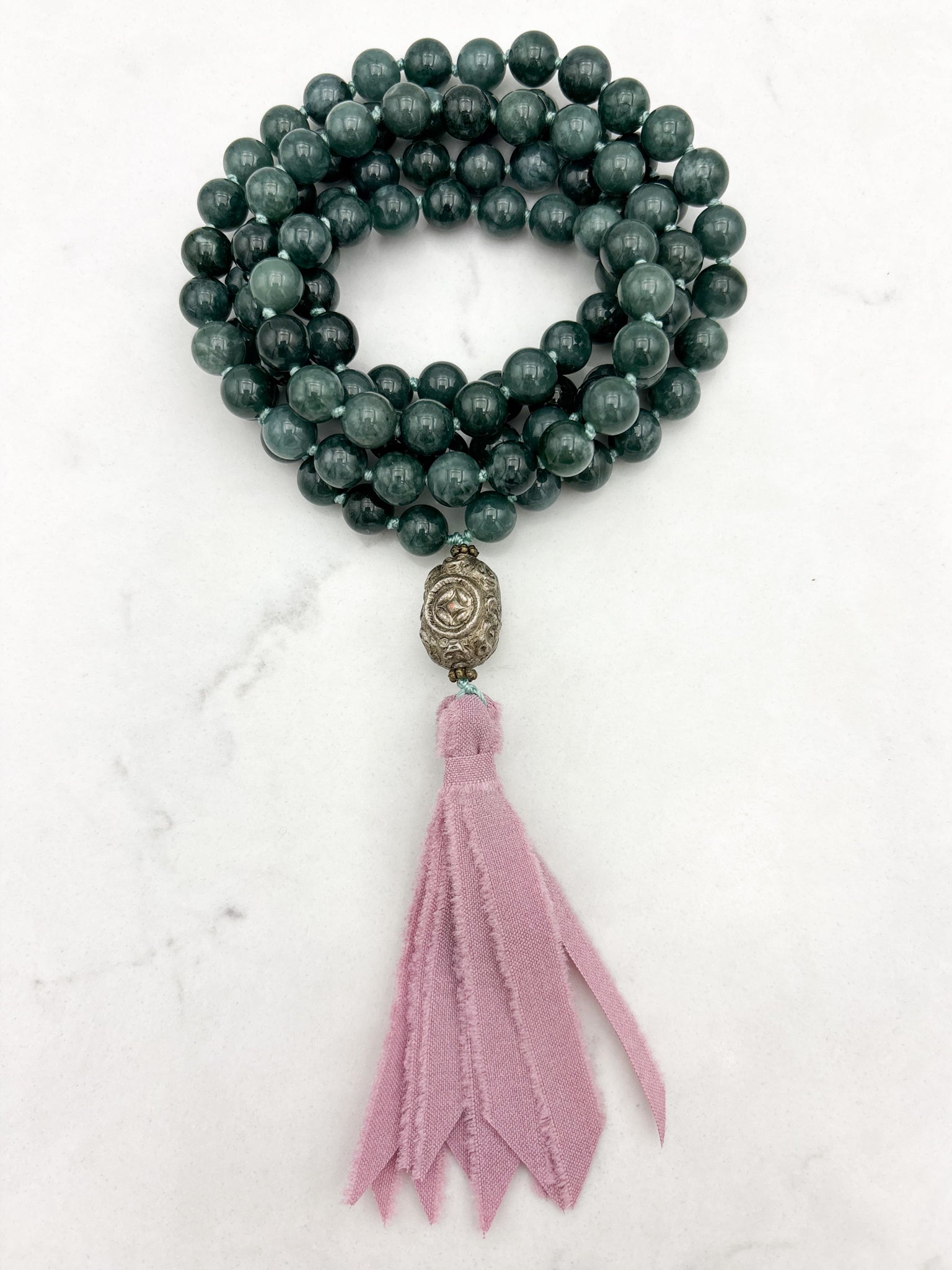 Guatemalan Jade gemstone mala with vintage silver guru bead and pink silk ribbon tassel | radiant malas | handmade in boulder, colorado