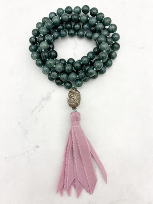 Guatemalan Jade gemstone mala with vintage silver guru bead and pink silk ribbon tassel | radiant malas | handmade in boulder, colorado