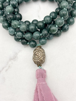 Guatemalan Jade gemstone mala with vintage silver guru bead and pink silk ribbon tassel | radiant malas | handmade in boulder, colorado