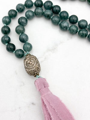 Guatemalan Jade gemstone mala with vintage silver guru bead and pink silk ribbon tassel | radiant malas | handmade in boulder, colorado