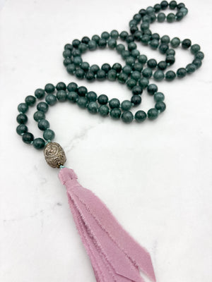 Guatemalan Jade gemstone mala with vintage silver guru bead and pink silk ribbon tassel | radiant malas | handmade in boulder, colorado