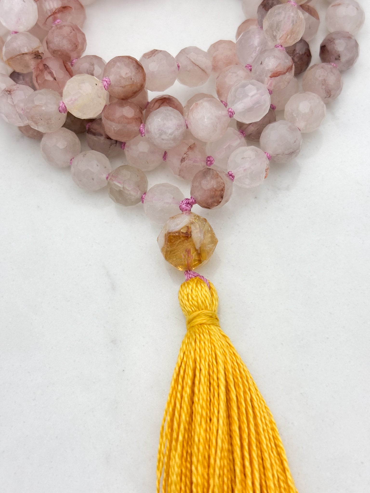 hematoid quartz gemstone mala necklace with faceted citrine guru bead and yellow tassel | radiant malas | handmade in boulder, colorado