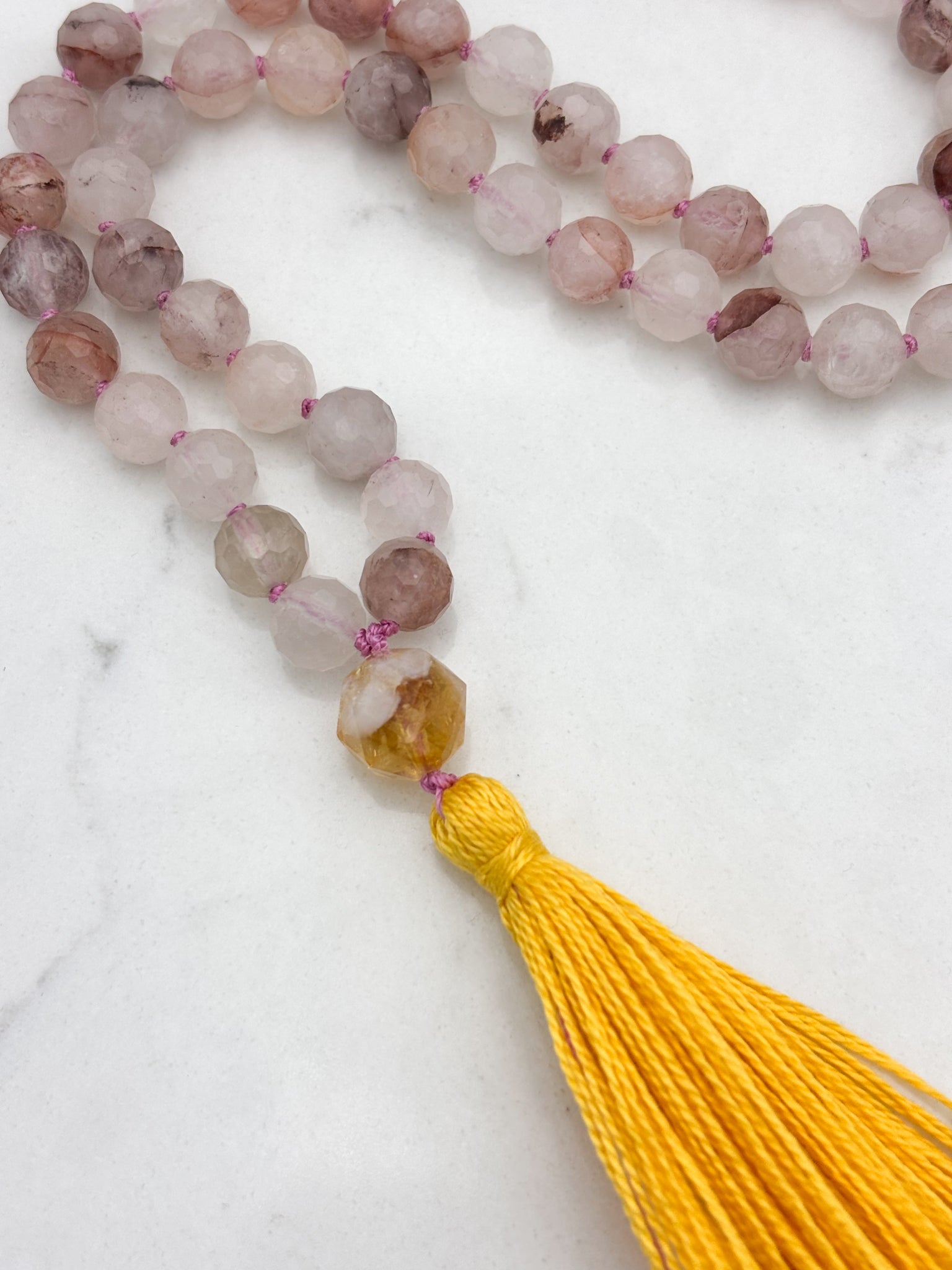 hematoid quartz gemstone mala necklace with faceted citrine guru bead and yellow tassel | radiant malas | handmade in boulder, colorado