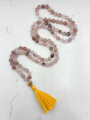 hematoid quartz gemstone mala necklace with faceted citrine guru bead and yellow tassel | radiant malas | handmade in boulder, colorado