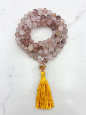 hematoid quartz gemstone mala necklace with faceted citrine guru bead and yellow tassel | radiant malas | handmade in boulder, colorado