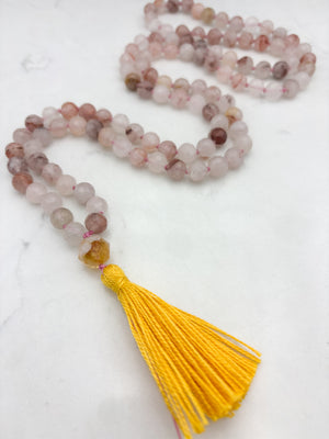 hematoid quartz gemstone mala necklace with faceted citrine guru bead and yellow tassel | radiant malas | handmade in boulder, colorado