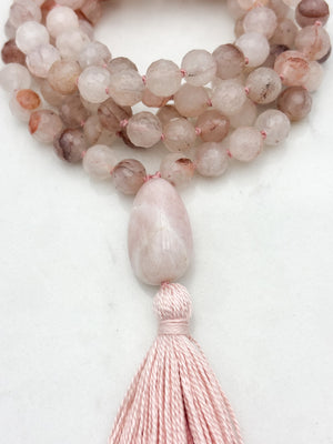hematoid quartz gemstone mala necklace with pink beryl guru bead and pink tassel | radiant malas | handmade in boulder, colorado