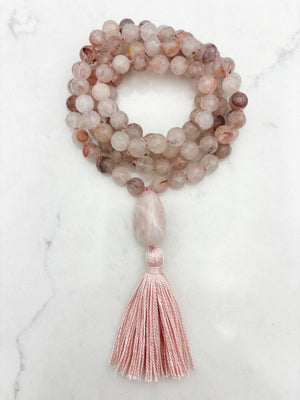 hematoid quartz gemstone mala necklace with pink beryl guru bead and pink tassel | radiant malas | handmade in boulder, colorado