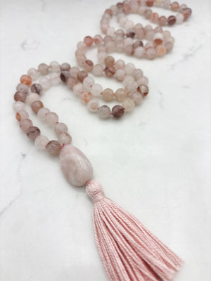 hematoid quartz gemstone mala necklace with pink beryl guru bead and pink tassel | radiant malas | handmade in boulder, colorado