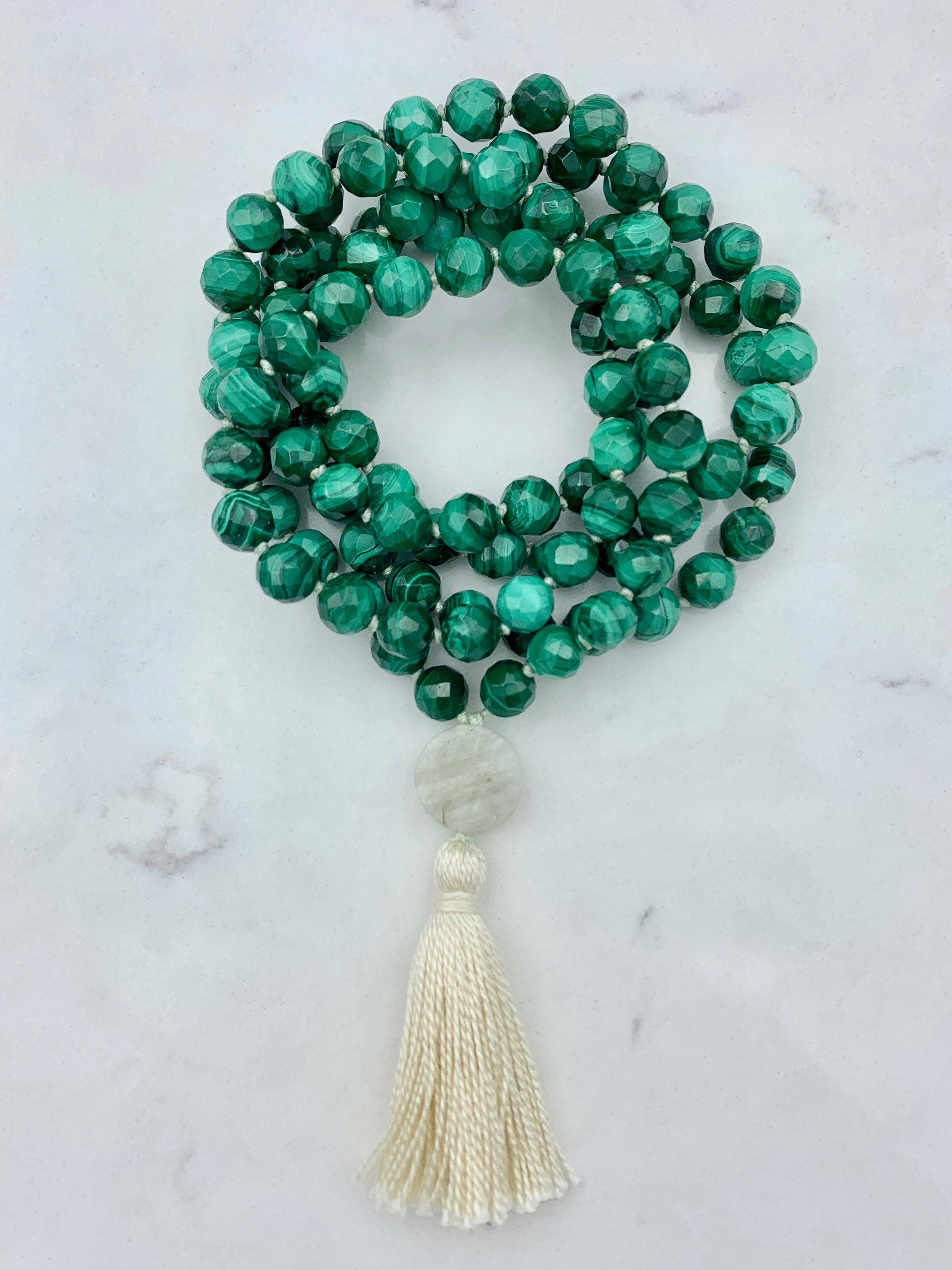 malachite crystal gemstone mala necklace | radiant malas | handmade in boulder, colorado