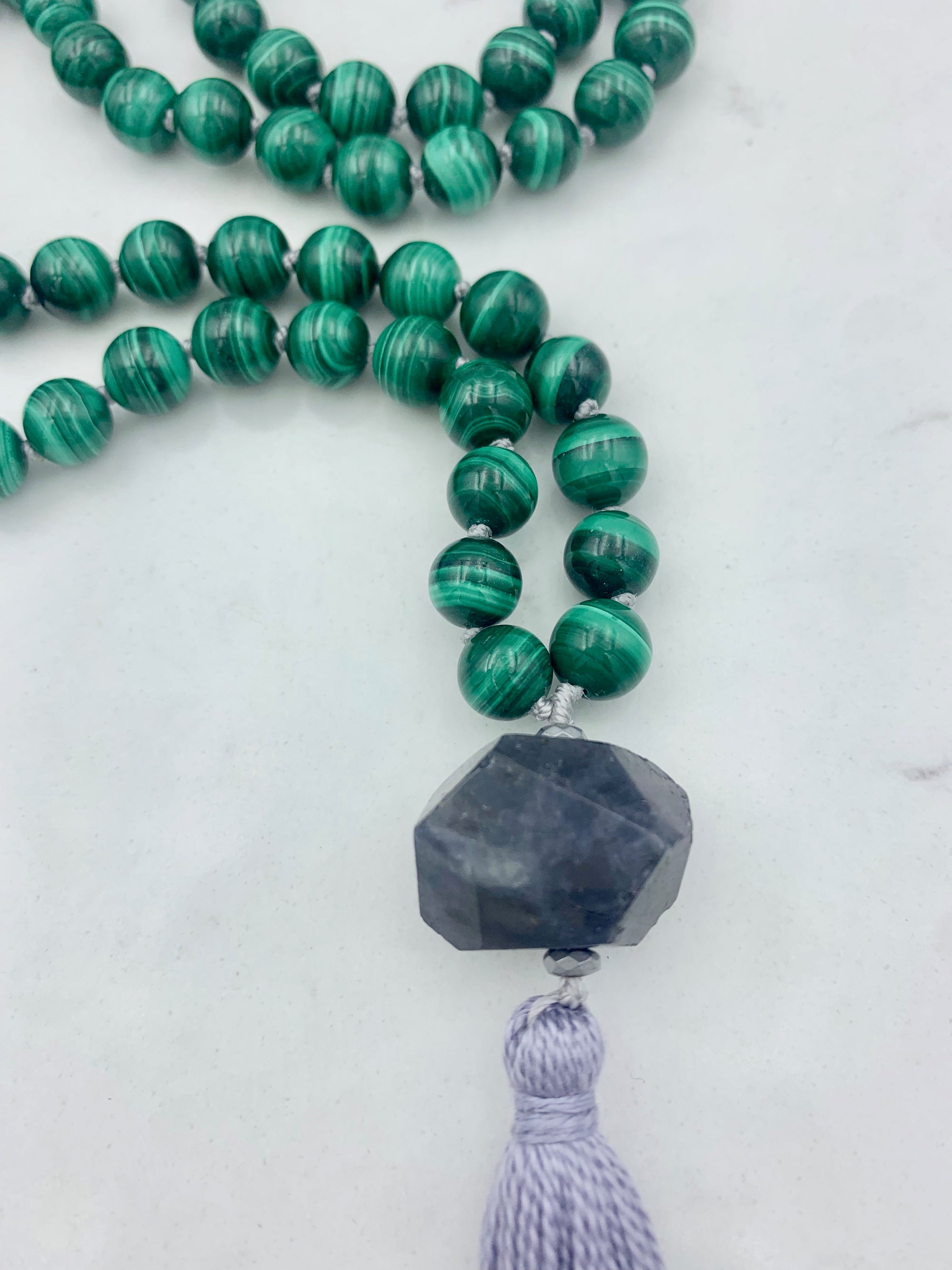 malachite crystal mala necklace | radiant malas| handmade in boulder colorado