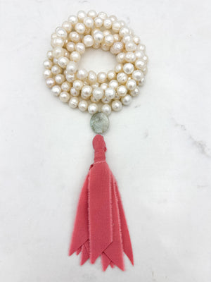 freshwater pearl mala necklace with opal guru bead and pink silk tassel | radiant malas | handmade in boulder, colorado