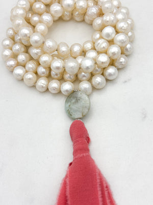 freshwater pearl mala necklace with opal guru bead and pink silk tassel | radiant malas | handmade in boulder, colorado