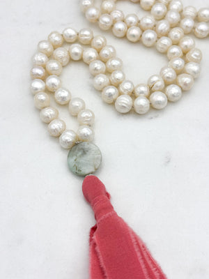 freshwater pearl mala necklace with opal guru bead and pink silk tassel | radiant malas | handmade in boulder, colorado
