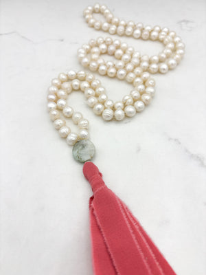 freshwater pearl mala necklace with opal guru bead and pink silk tassel | radiant malas | handmade in boulder, colorado