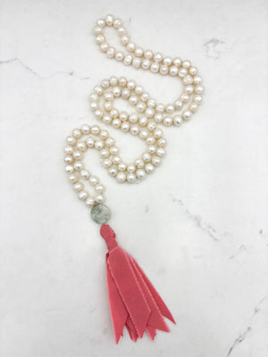 freshwater pearl mala necklace with opal guru bead and pink silk tassel | radiant malas | handmade in boulder, colorado