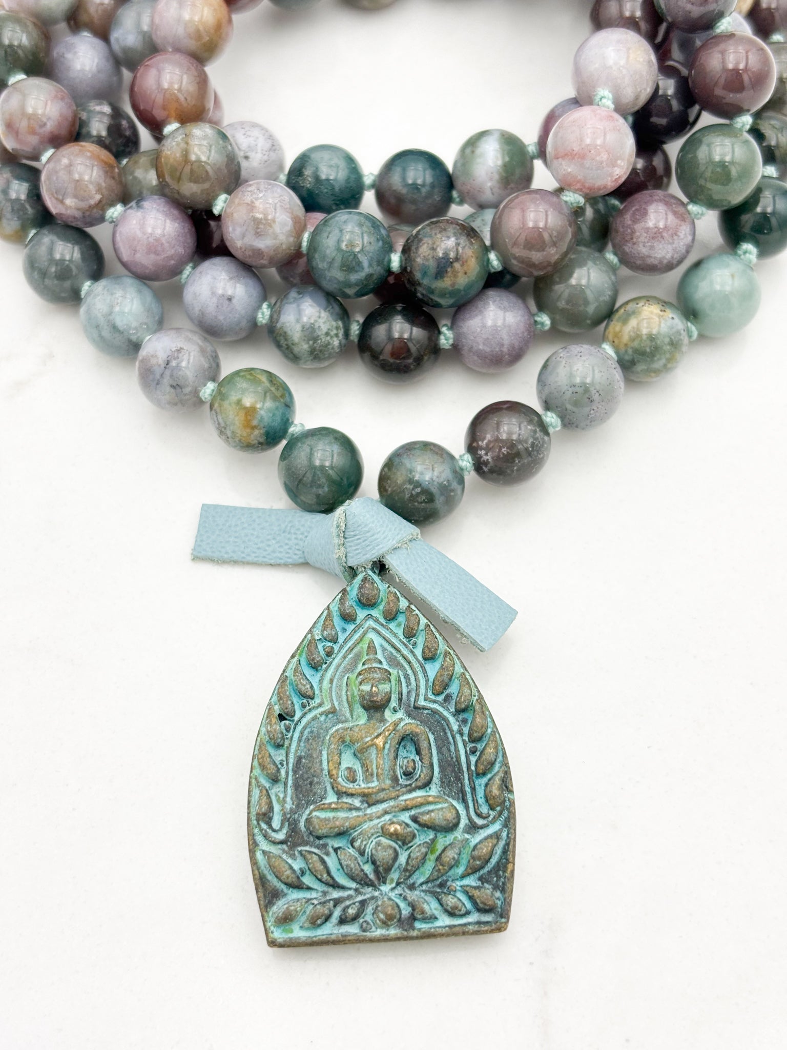 indian agate gemstone mala with brass verdigris patina buddha pendant | radiant malas | handmade in boulder, colorado