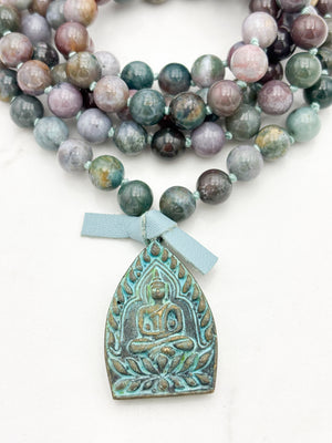 indian agate gemstone mala with brass verdigris patina buddha pendant | radiant malas | handmade in boulder, colorado