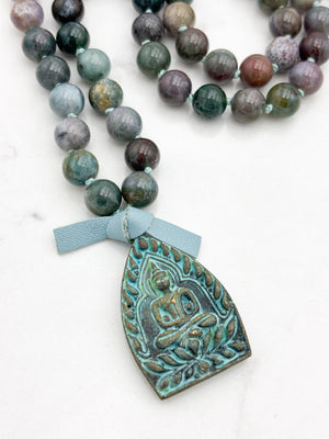 indian agate gemstone mala with brass verdigris patina buddha pendant | radiant malas | handmade in boulder, colorado