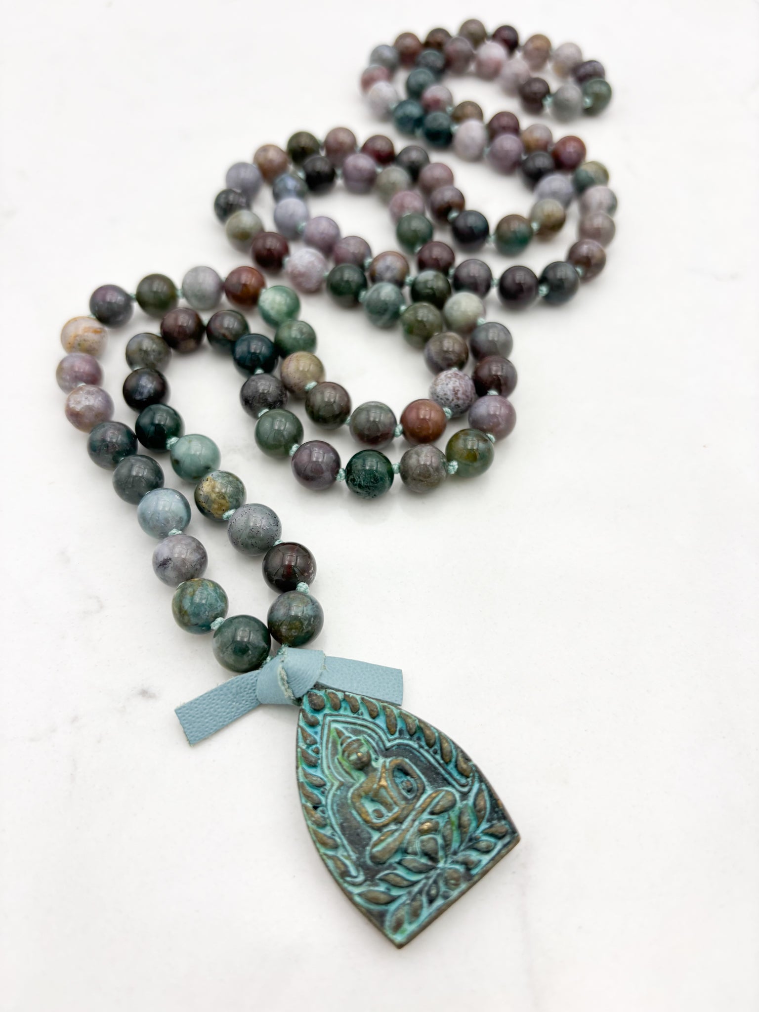 indian agate gemstone mala with brass verdigris patina buddha pendant | radiant malas | handmade in boulder, colorado