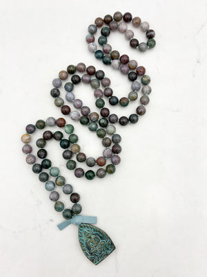 indian agate gemstone mala with brass verdigris patina buddha pendant | radiant malas | handmade in boulder, colorado