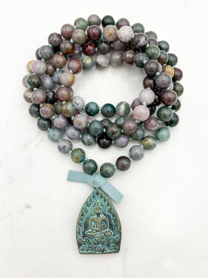 indian agate gemstone mala with brass verdigris patina buddha pendant | radiant malas | handmade in boulder, colorado