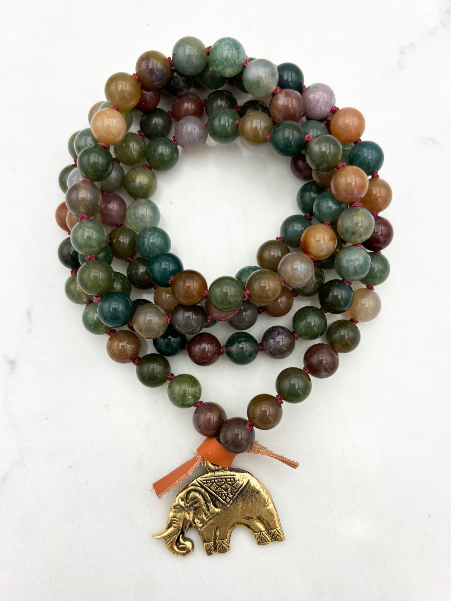 indian agate gemstone mala with brass elephant pendant | radiant malas | handmade in boulder, colorado